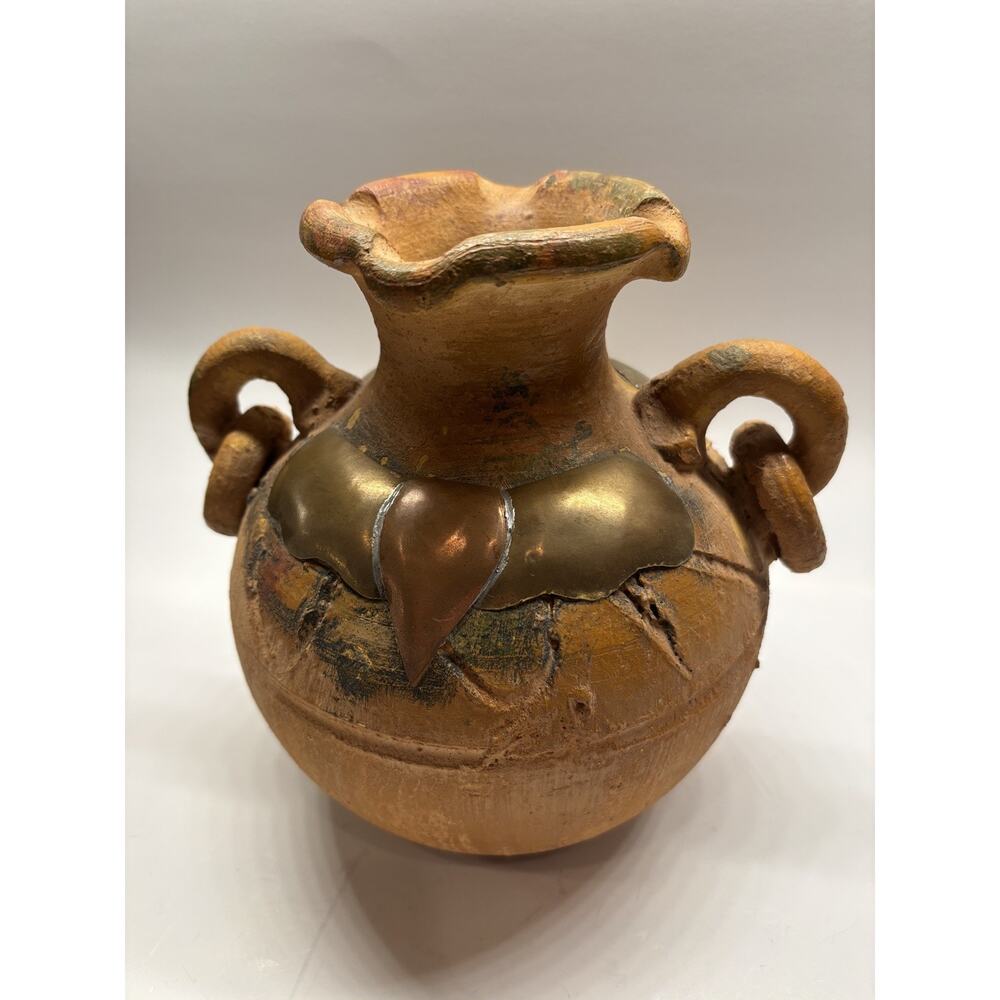 Vintage Pottery Vase Ceramic Art with Copper Accents - Handmade 7’’